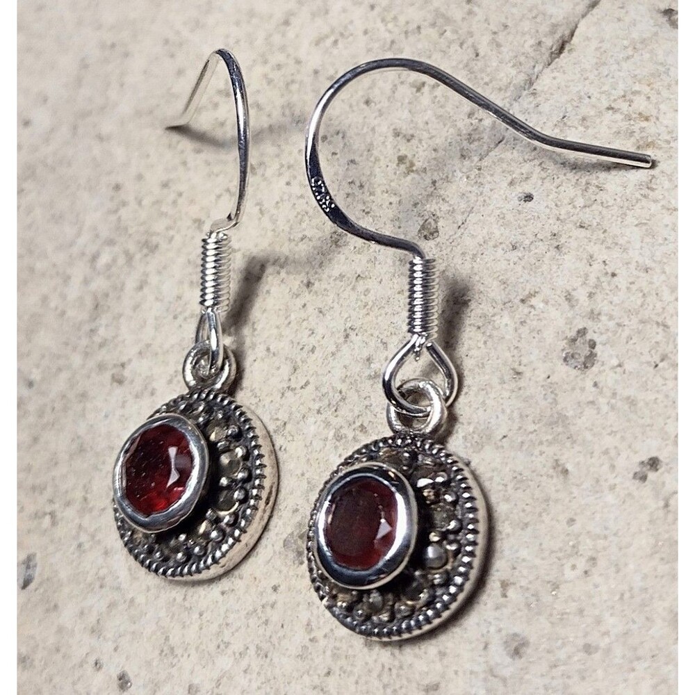 Vintage Garnet Sterling Silver 925  Marcasite Petite Dangle Earrings